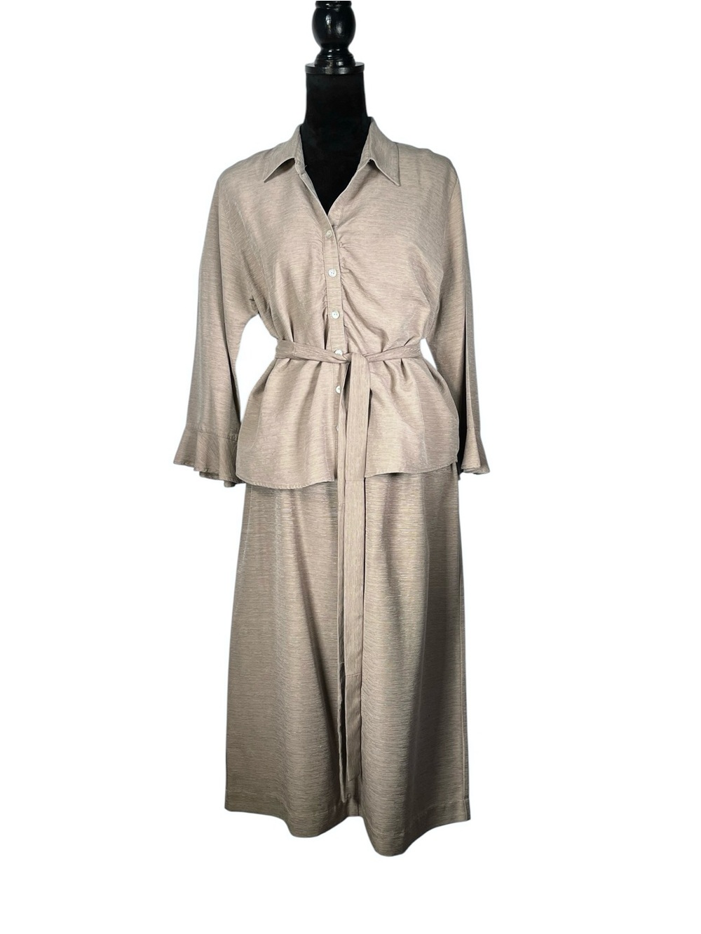 Vintage Silk Skirt Suit Women's Brown Beige Button-Front Set Ruched Safari Large - Picture 9 of 11